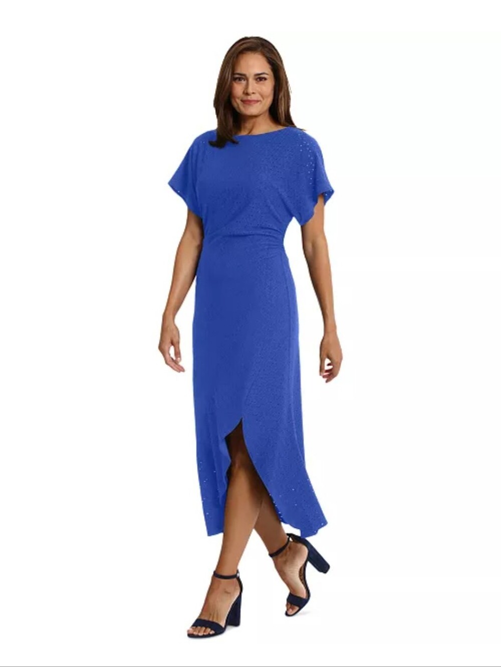London Times Blue Eyelet Midi Dress Flutter Sleeve Ruffle Hem Sheath NWT Sz 4